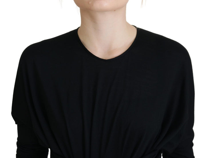 Elegant wrap-style sheath dress with long sleeves