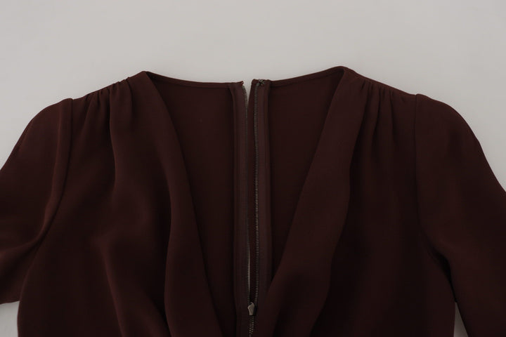 Braunes langärmeliges Midi-Stretch-Kleid mit Wickeloptik