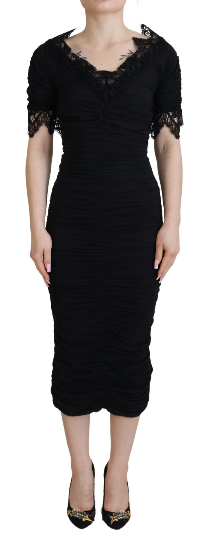Schwarzes Midi-Bodycon-Kleid aus Seide mit Spitze