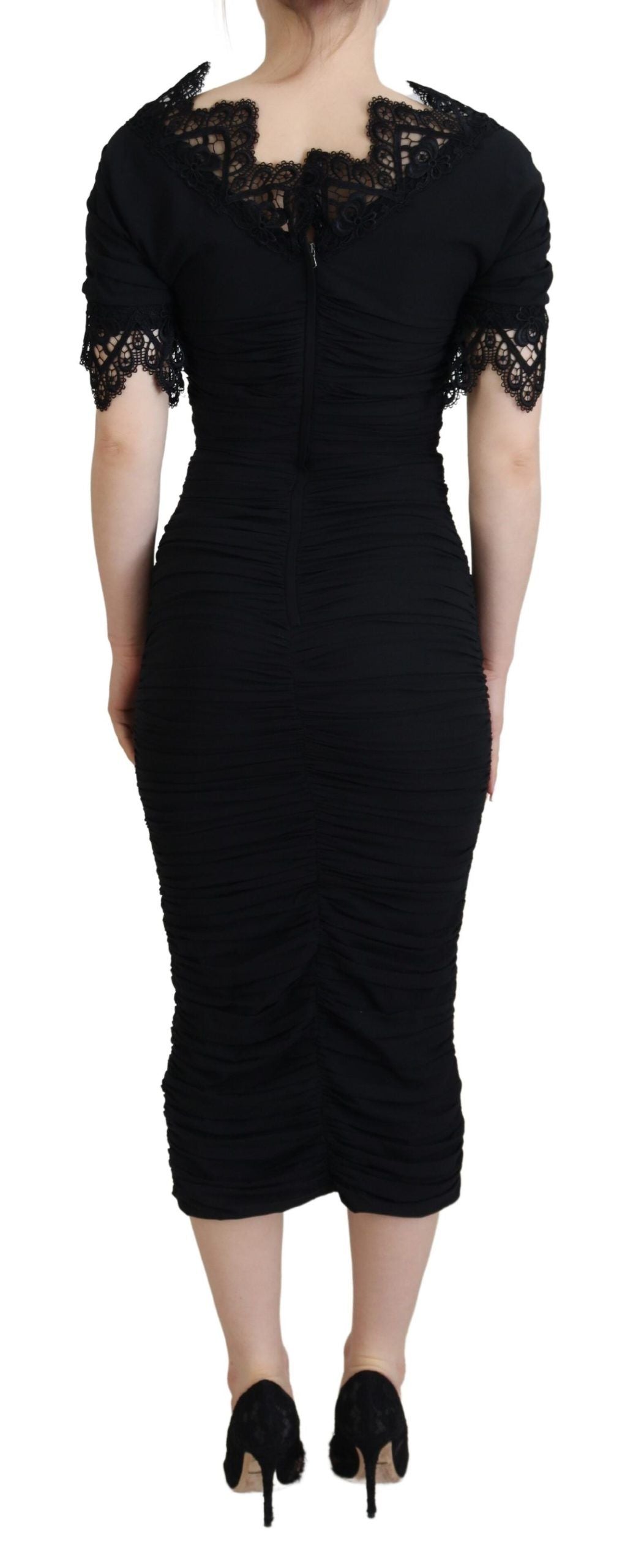 Schwarzes Midi-Bodycon-Kleid aus Seide mit Spitze