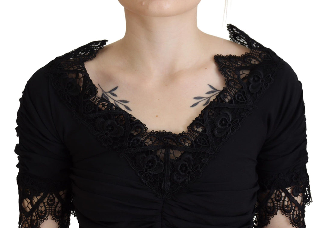 Schwarzes Midi-Bodycon-Kleid aus Seide mit Spitze