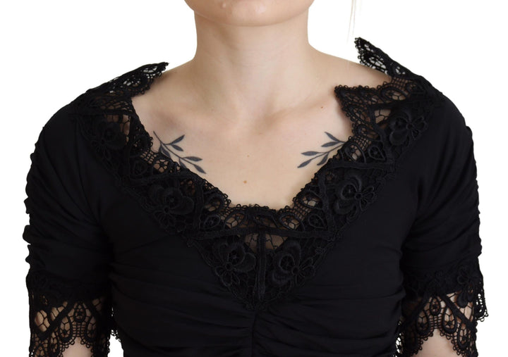 Schwarzes Midi-Bodycon-Kleid aus Seide mit Spitze