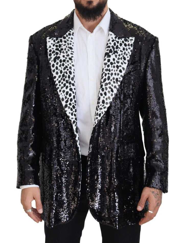 Schwarzer Pailletten-Blazer aus Nylon mit Kuhmuster