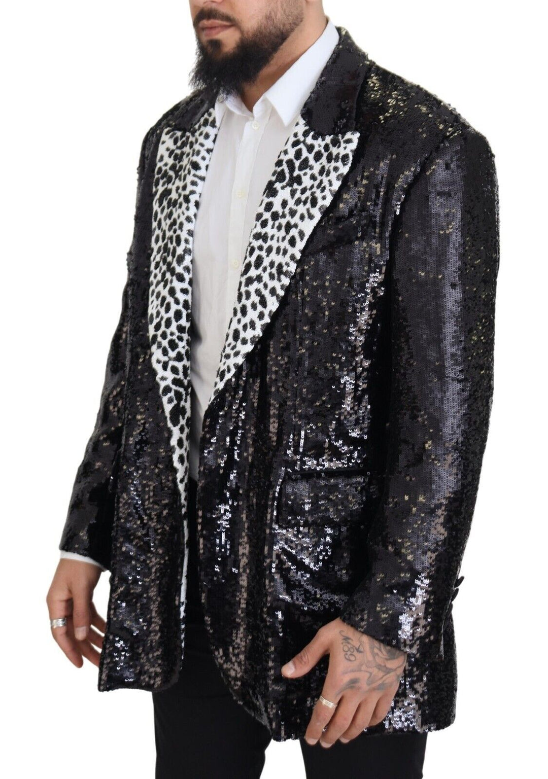 Schwarzer Pailletten-Blazer aus Nylon mit Kuhmuster