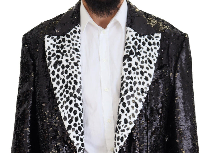 Schwarzer Pailletten-Blazer aus Nylon mit Kuhmuster