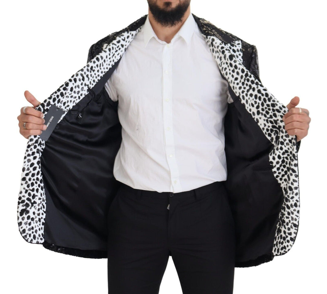 Schwarzer Pailletten-Blazer aus Nylon mit Kuhmuster