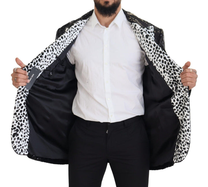 Schwarzer Pailletten-Blazer aus Nylon mit Kuhmuster