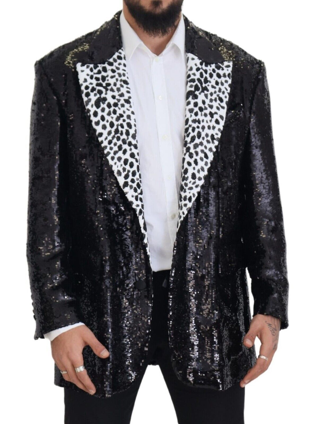 Schwarzer Pailletten-Blazer aus Nylon mit Kuhmuster