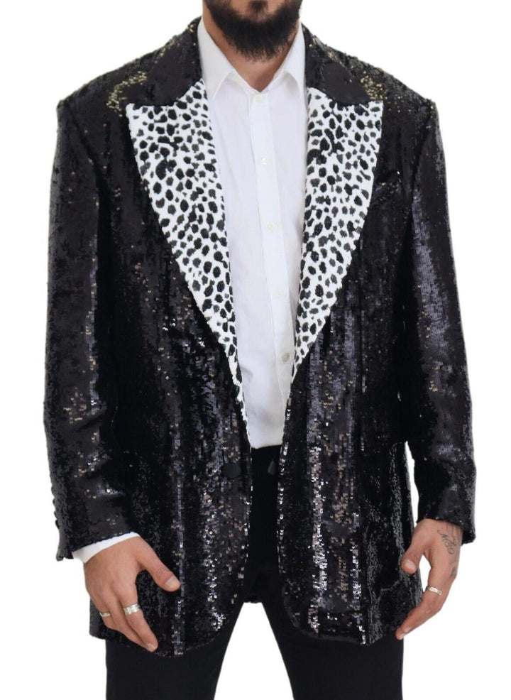 Schwarzer Pailletten-Blazer aus Nylon mit Kuhmuster