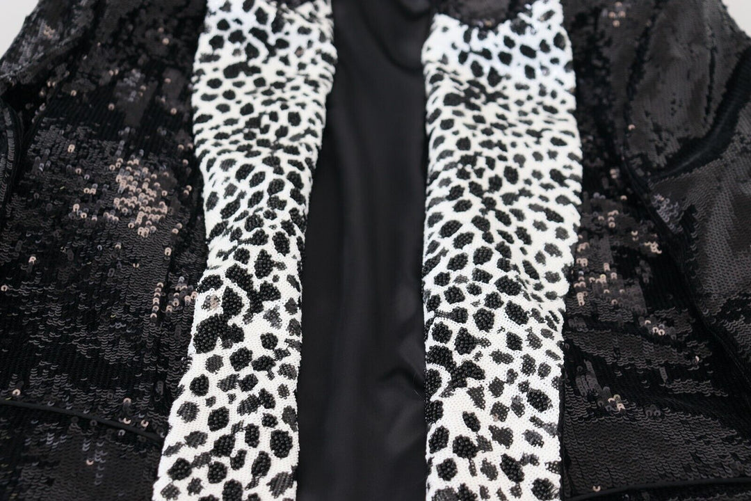Schwarzer Pailletten-Blazer aus Nylon mit Kuhmuster