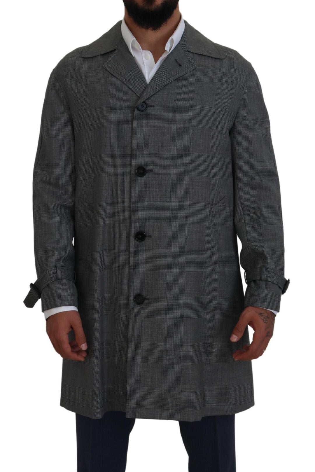 Elegant grey trench coat with checked pattern