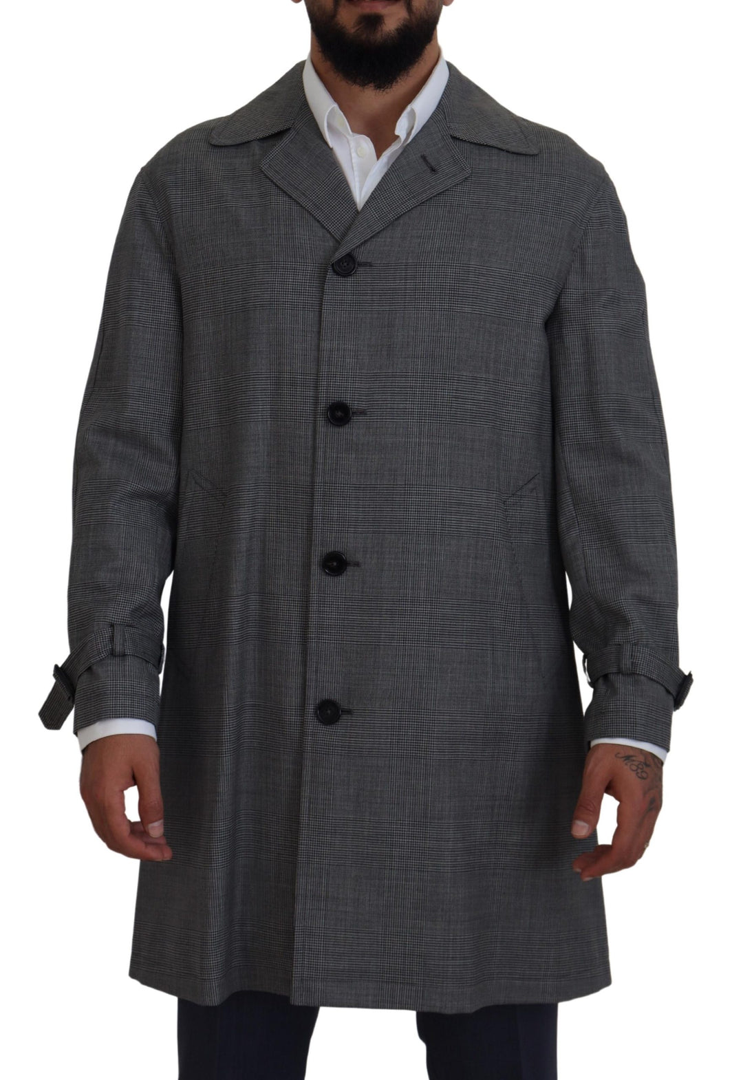 Elegant grey trench coat with checked pattern