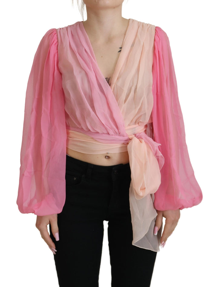 Silk wrap blouse with V-neck in pink