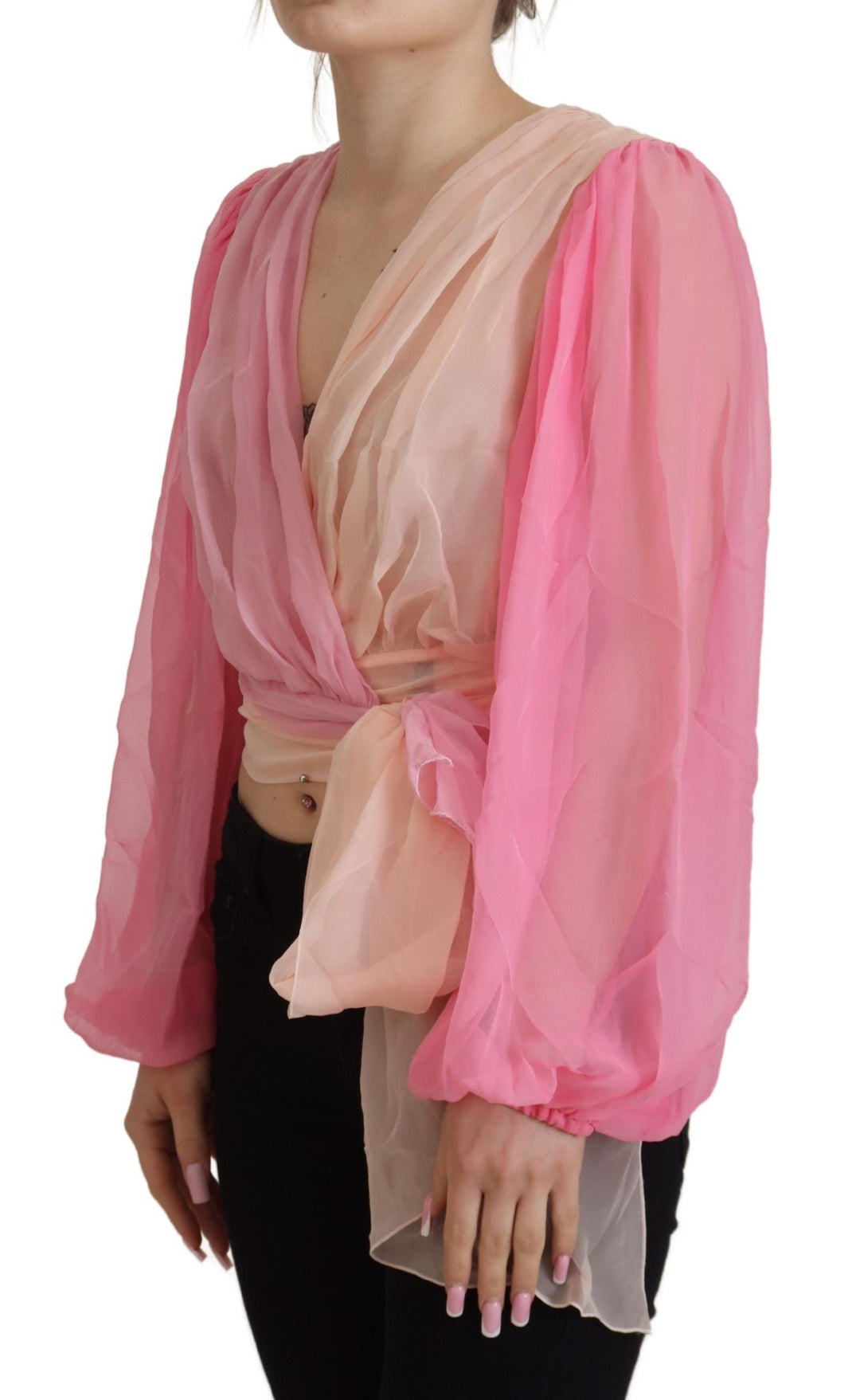 Silk wrap blouse with V-neck in pink