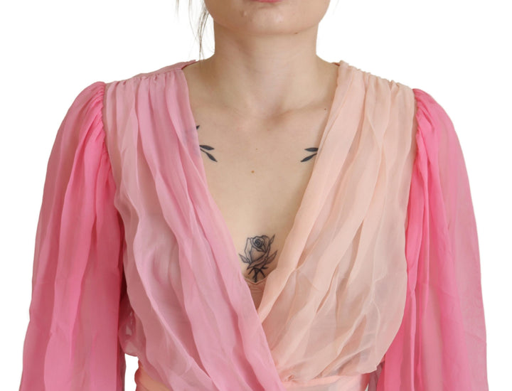 Silk wrap blouse with V-neck in pink