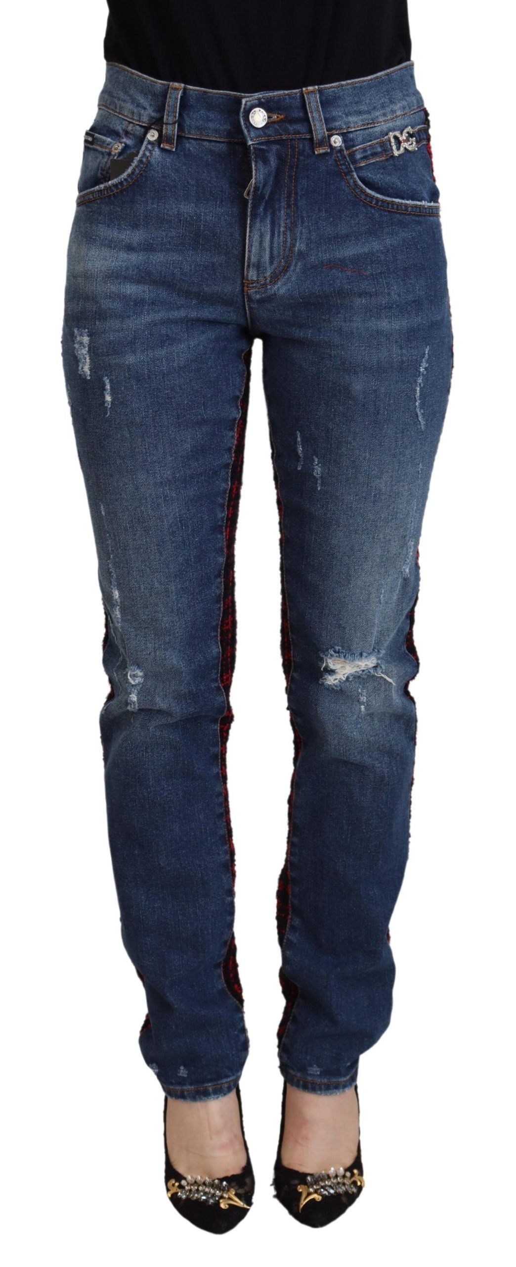 Blau karierte Skinny Denim Jeans