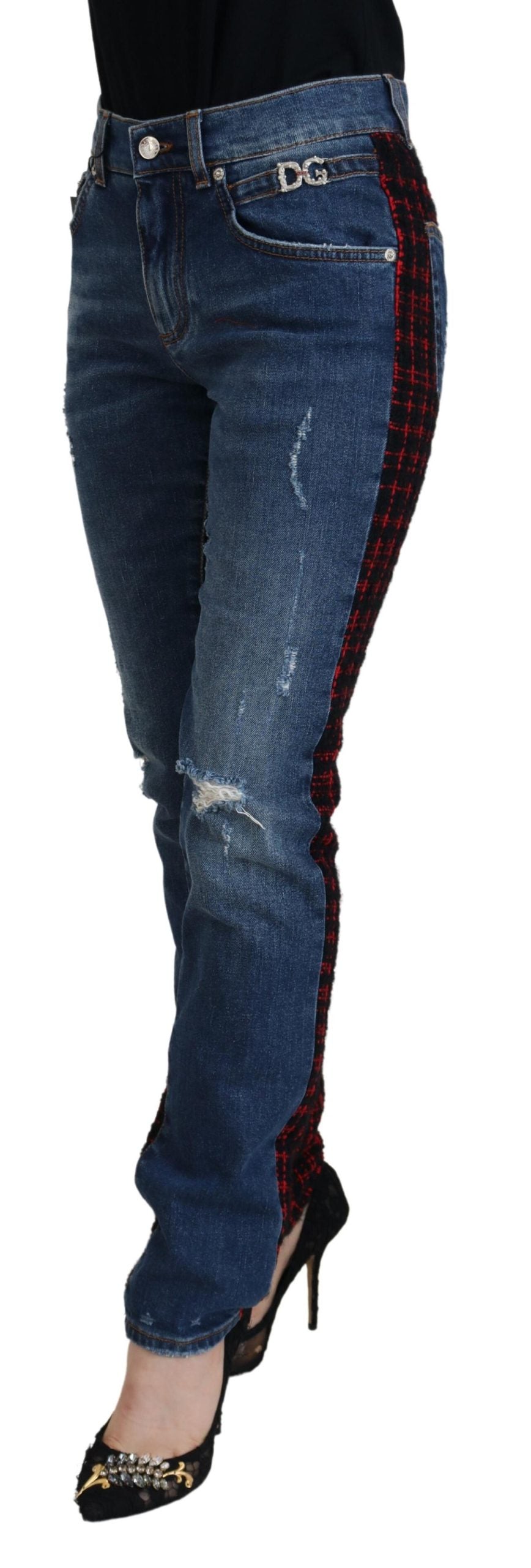 Blau karierte Skinny Denim Jeans
