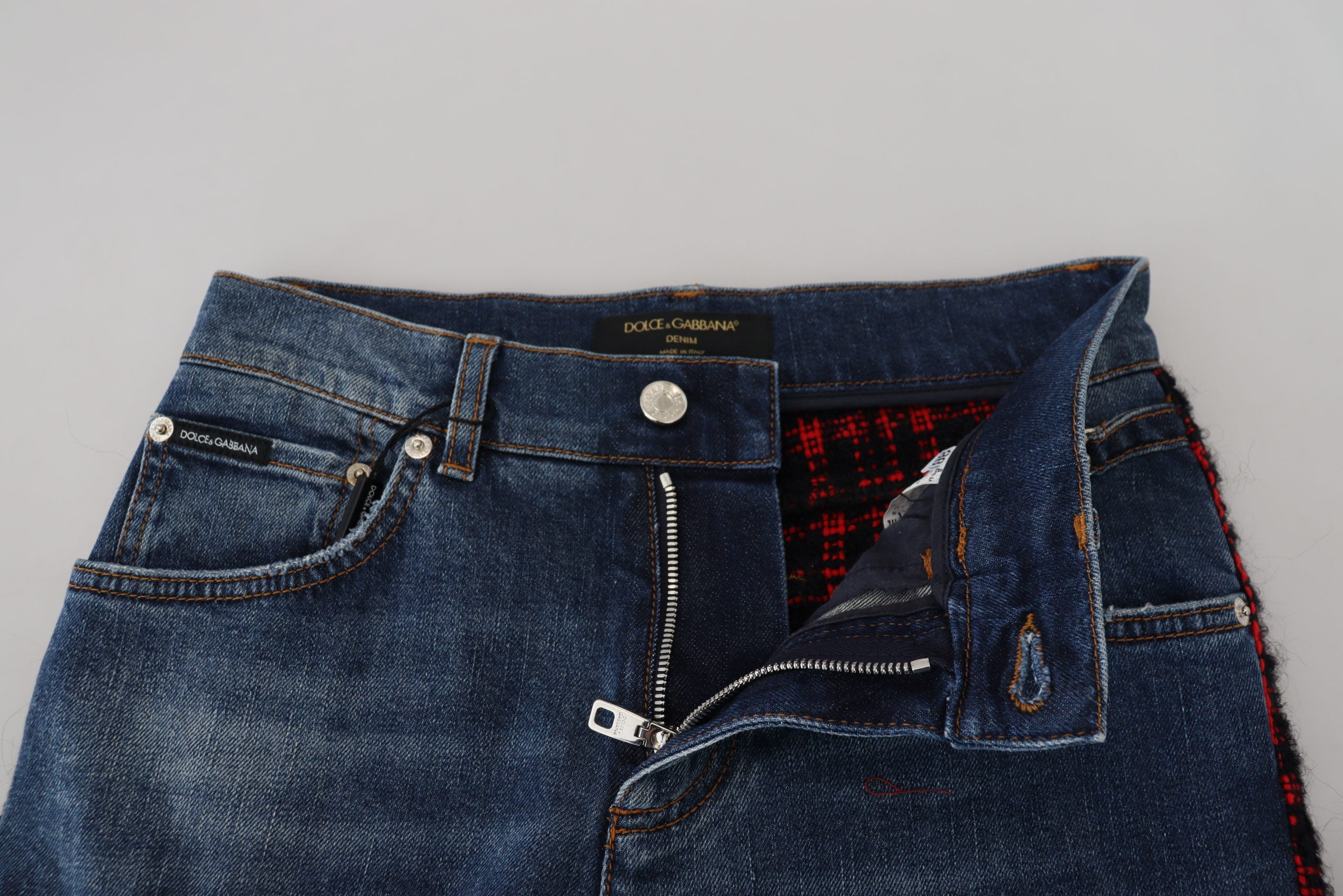 Blau karierte Skinny Denim Jeans