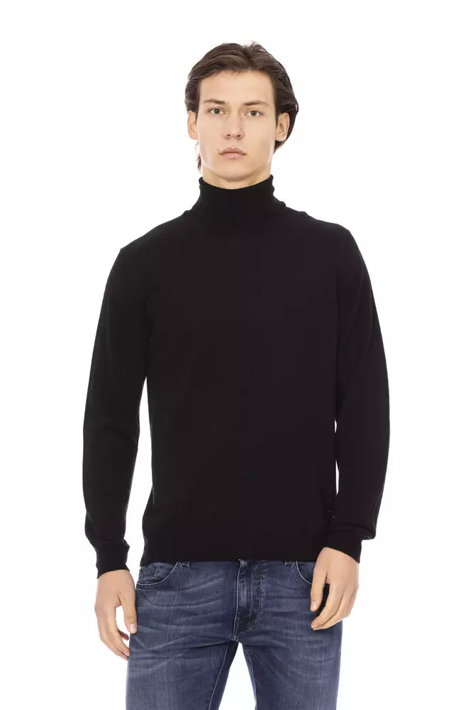 Schwarzer Stoff-Pullover mit Rollkragen für Herren