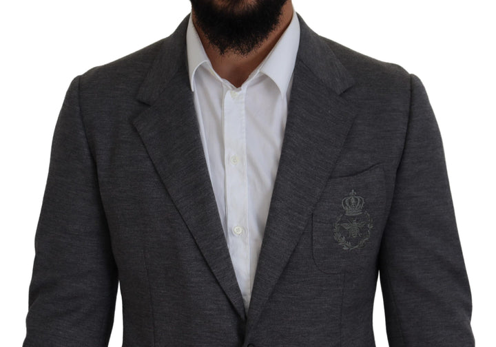 Dolce & Gabbana Eleganter grauer Wollblazer mit Bienen-Kronen-Stickerei