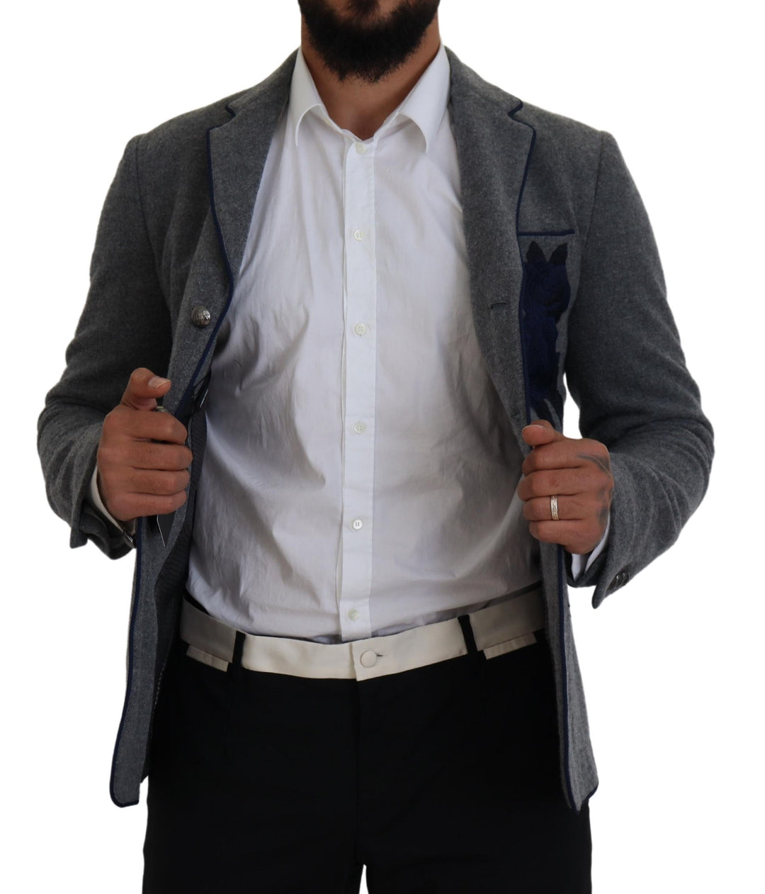 Elegant blazer made of grey wool with blue rose embroidery