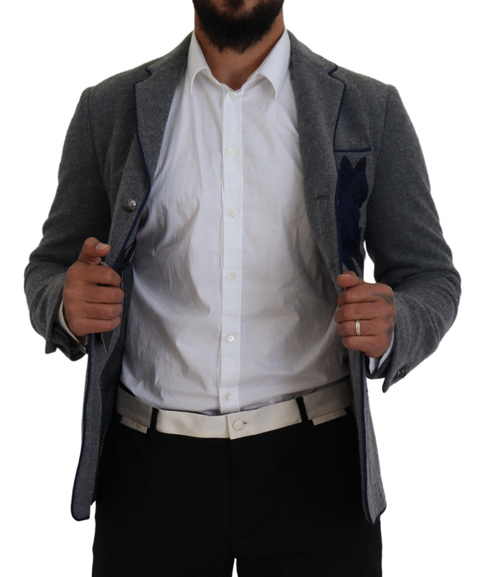 Elegant blazer made of grey wool with blue rose embroidery