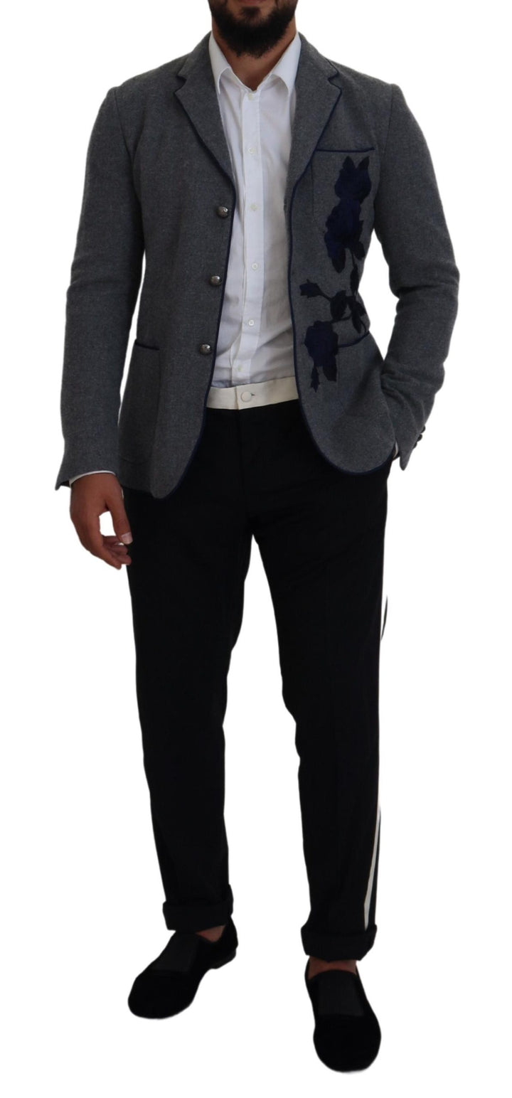Elegant blazer made of grey wool with blue rose embroidery