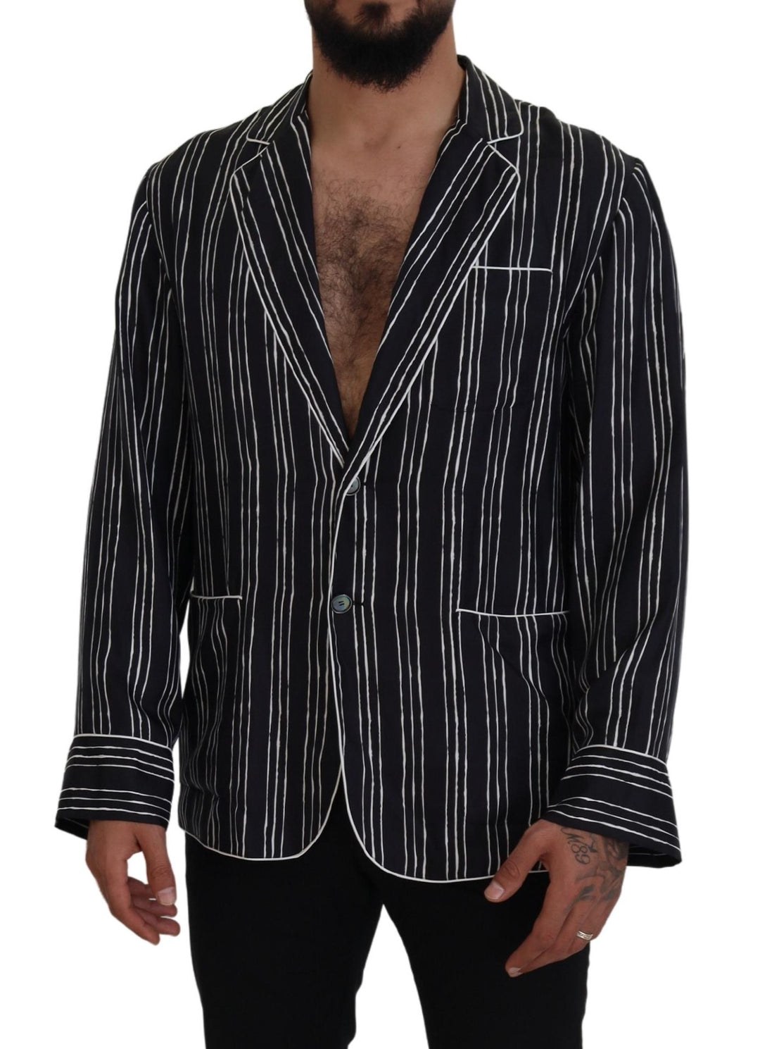 Blau gestreiftes Seiden-Pyjamahemd Jacke