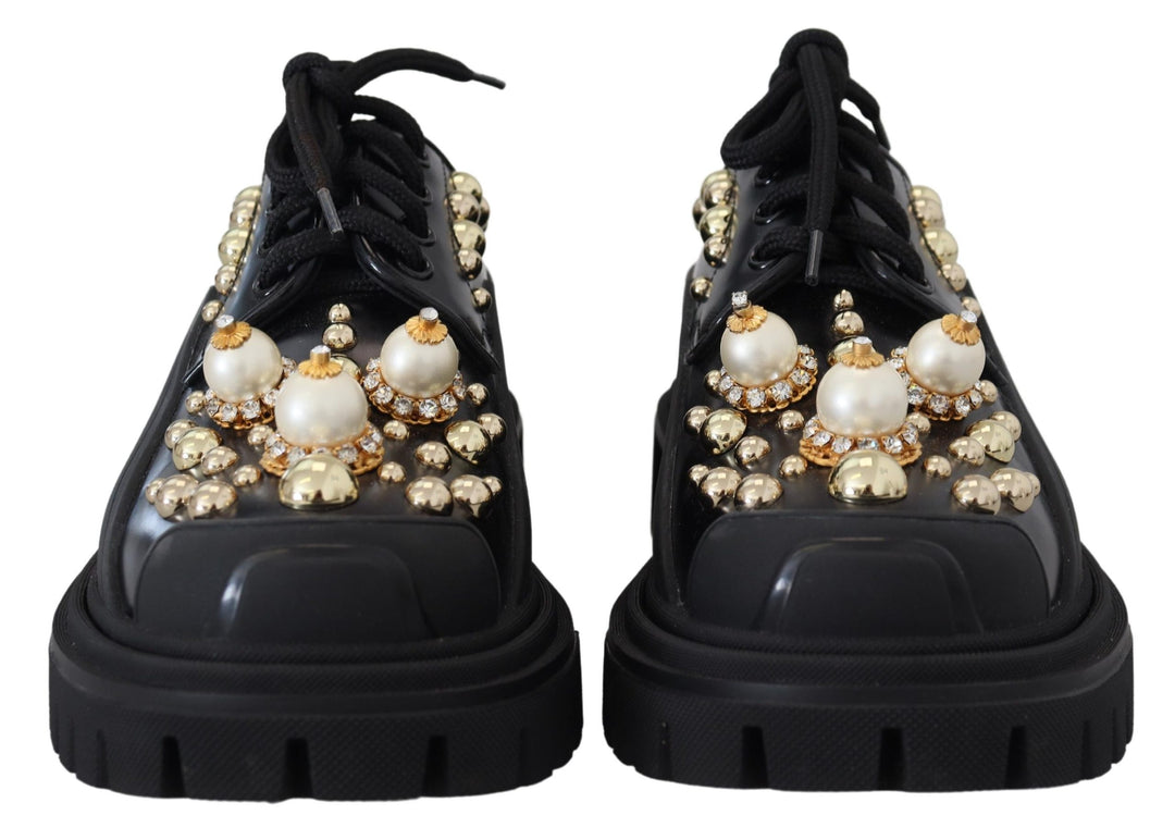 Dolce & Gabbana Zeitlose Derby Flats aus schwarzem Leder mit Glam-Akzenten