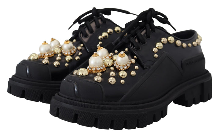 Dolce & Gabbana Zeitlose Derby Flats aus schwarzem Leder mit Glam-Akzenten