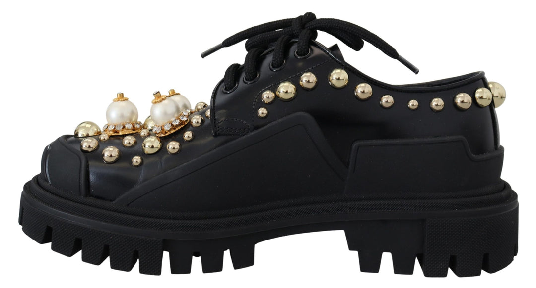 Dolce & Gabbana Zeitlose Derby Flats aus schwarzem Leder mit Glam-Akzenten