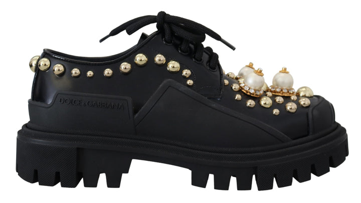 Dolce & Gabbana Zeitlose Derby Flats aus schwarzem Leder mit Glam-Akzenten