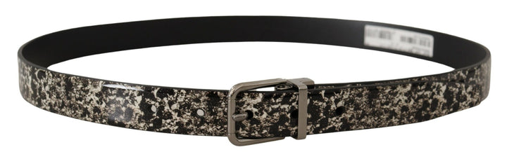Schwarzer Marmor Print Leder Silberne Logoschnalle Gürtel
