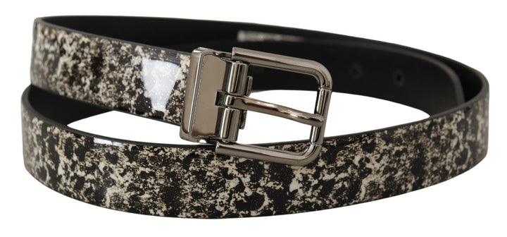 Schwarzer Marmor Print Leder Silberne Logoschnalle Gürtel
