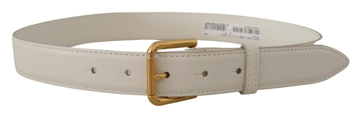 Chic white leather belt with gold-engraved buckle