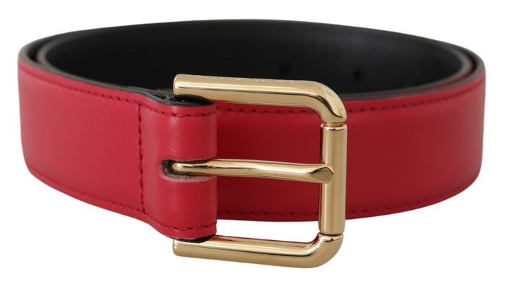 Elegant red leather belt with gold-colored buckle
