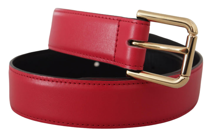 Elegant red leather belt with gold-colored buckle