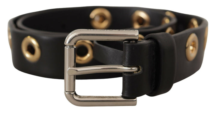 Chic black leather belt with engraved buckle