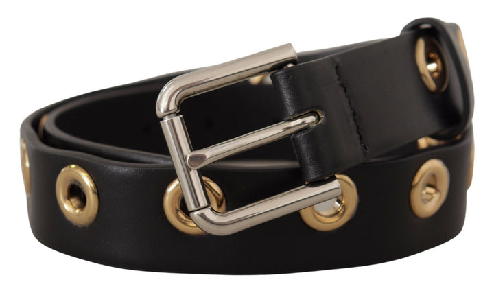 Chic black leather belt with engraved buckle