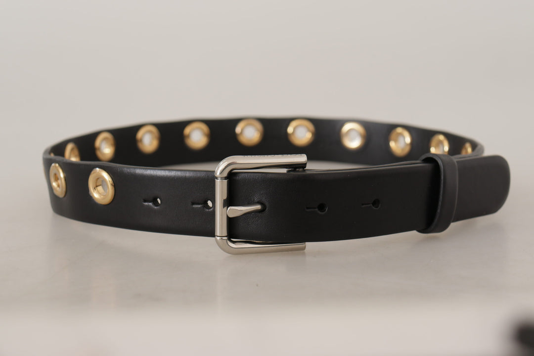 Chic black leather belt with engraved buckle