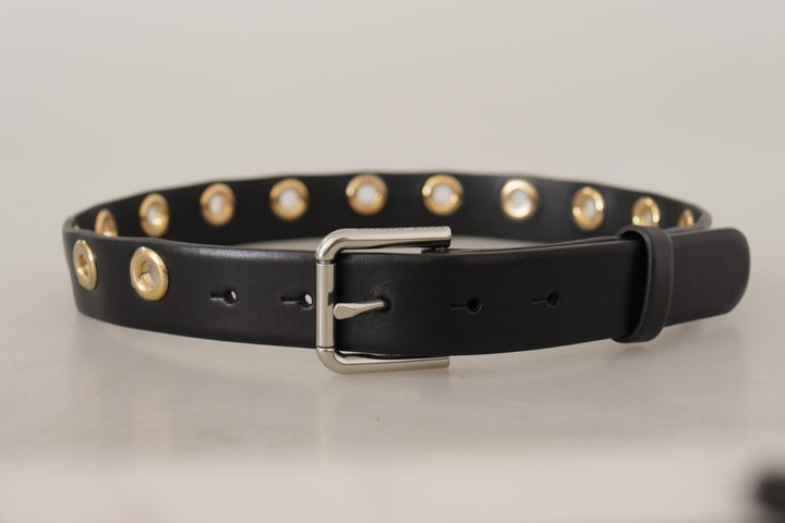 Chic black leather belt with engraved buckle