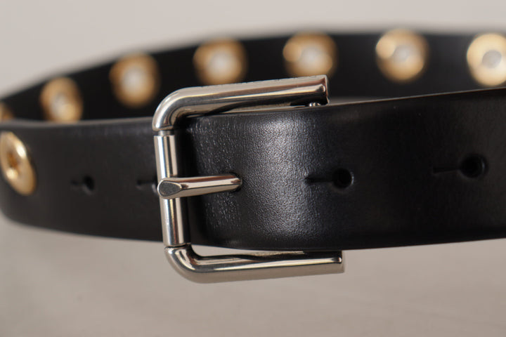 Chic black leather belt with engraved buckle