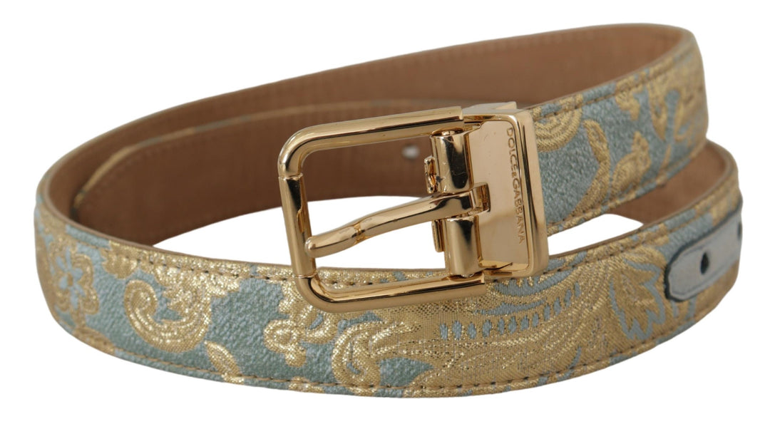 Elegant light blue leather belt with gold buckle