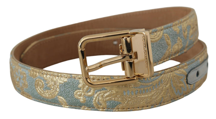 Elegant light blue leather belt with gold buckle