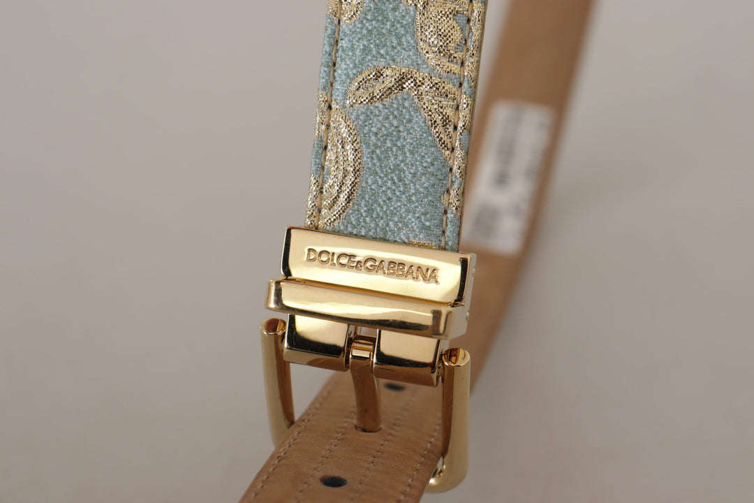 Elegant light blue leather belt with gold buckle