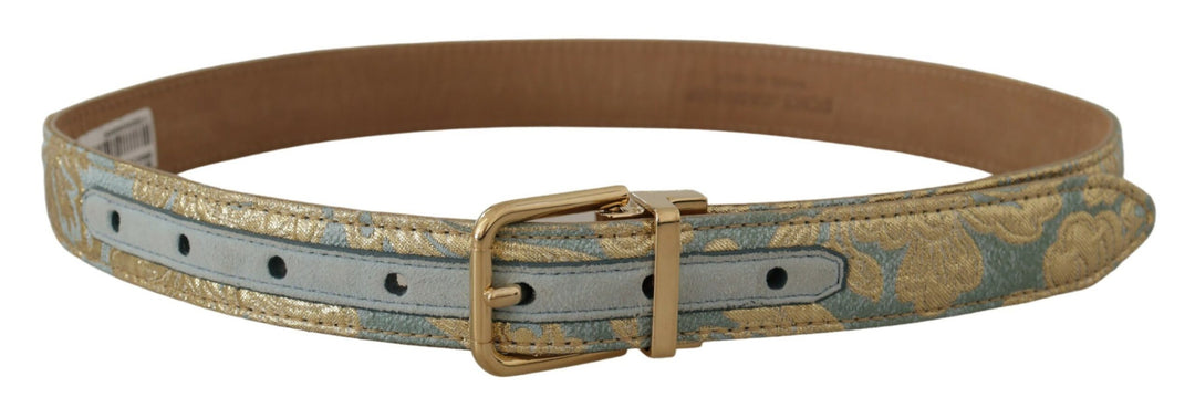 Elegant light blue leather belt with gold buckle