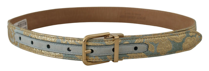 Elegant light blue leather belt with gold buckle