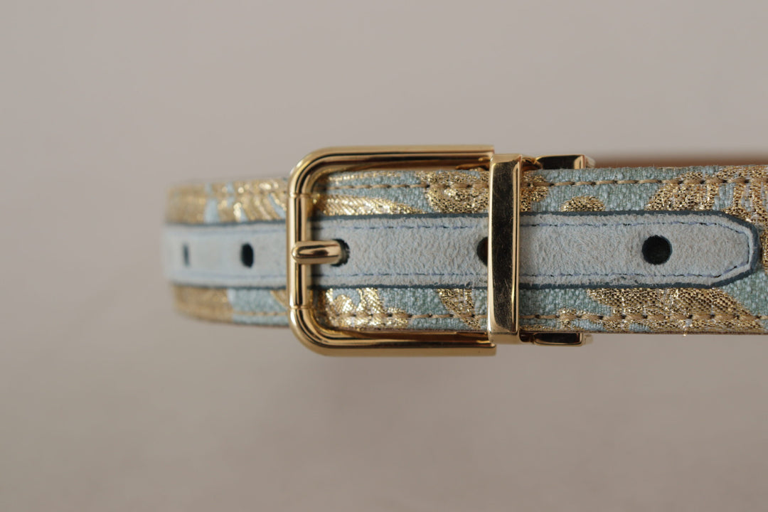 Elegant light blue leather belt with gold buckle