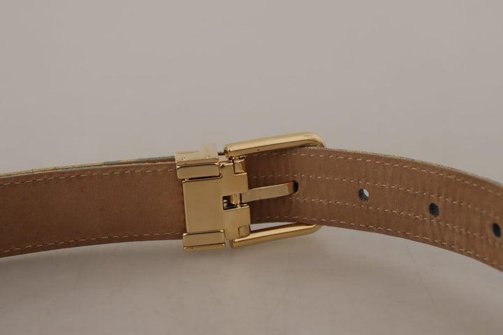 Elegant light blue leather belt with gold buckle