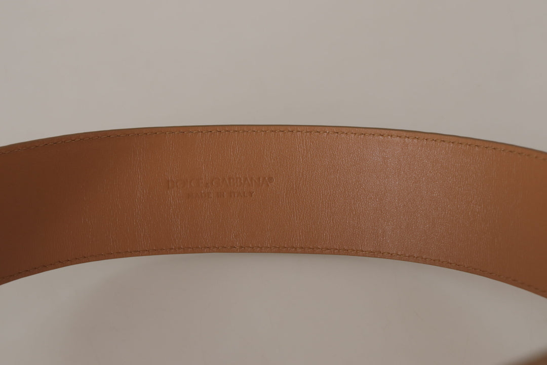 Elegant beige leather belt with engraved buckle